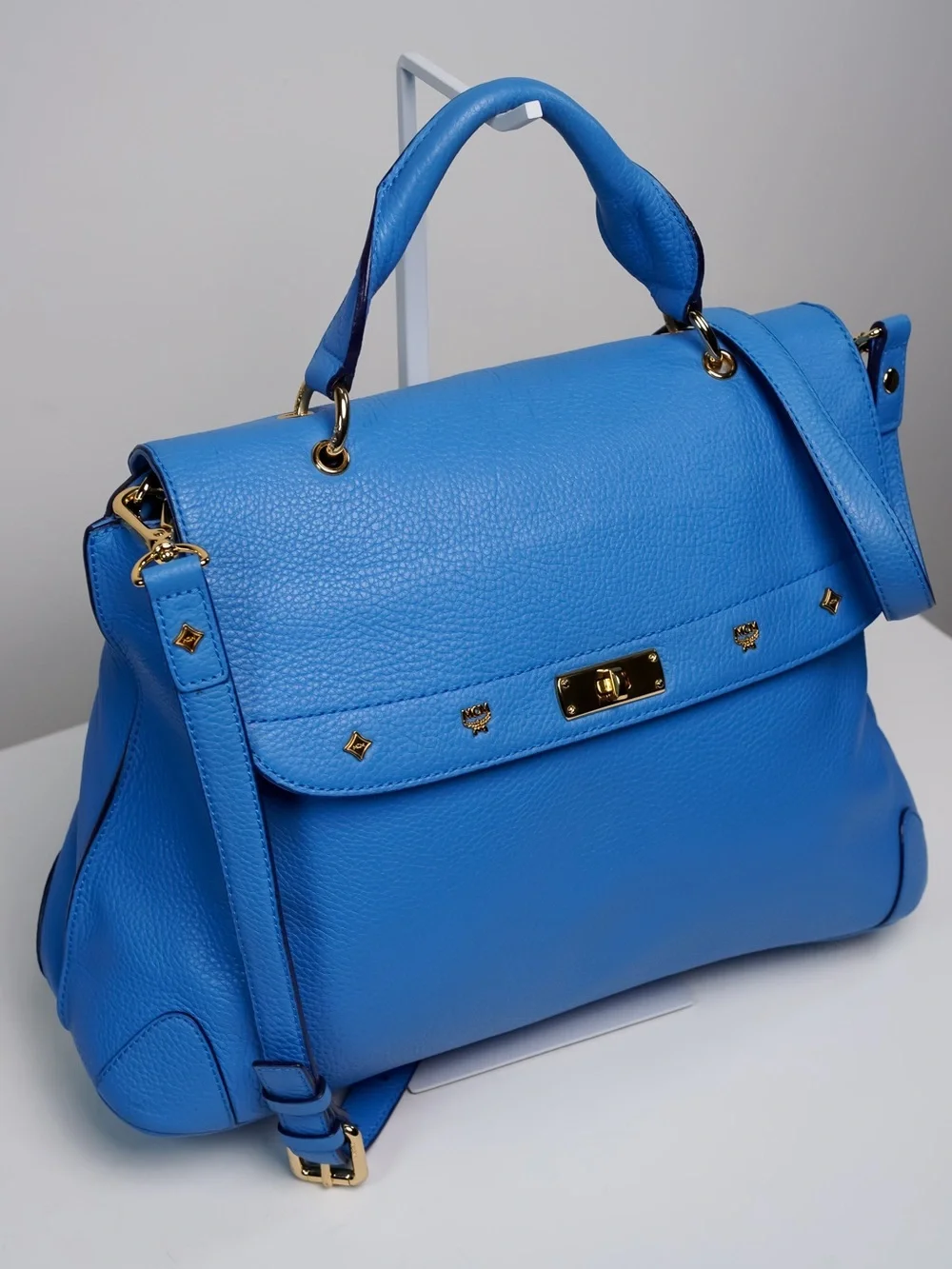 MCM First Lady Large Royal Blue Pebbled Leather Satchel Shoulder Bag